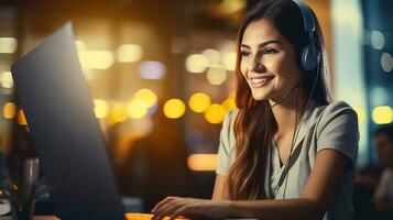 call center women smiled working and providing service with courtesy and attention front of laptop in office. Generative AI photo