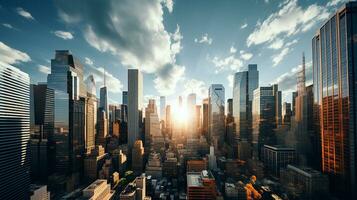 Reflective skyscrapers, business office buildings. low angle view of skyscrapers in city, sunny day. Business wallpaper with modern high-rises with mirrored windows. Generative AI photo