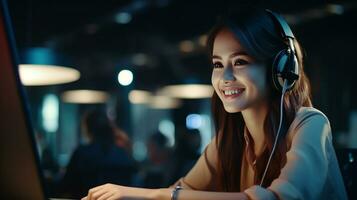call center women smiled working and providing service with courtesy and attention front of laptop in office. Generative AI photo