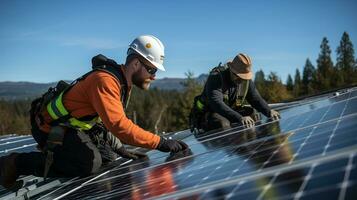 Technician installing solar panels on a roof, setting up photovoltaic solar panel system, sustainable energy home concept. Generative AI photo