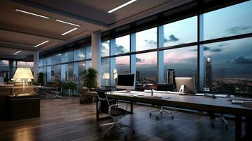 Modern office interior with panoramic windows and beautiful lighting. Generative AI photo