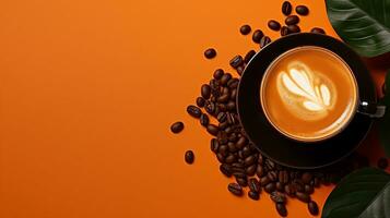 High angle cup of cappuccino with latte art on brown background. Beautiful wheat pulled into the foam, greenery ceramic cup, lots of coffee beans and leaf beside the glass. Generative AI photo