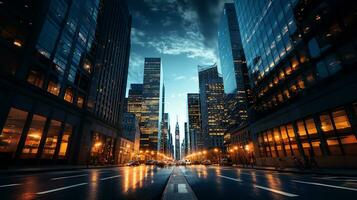 Reflective skyscrapers, business office buildings. low angle view of skyscrapers in city, sunny day. Business wallpaper with modern high-rises with mirrored windows. Generative AI photo