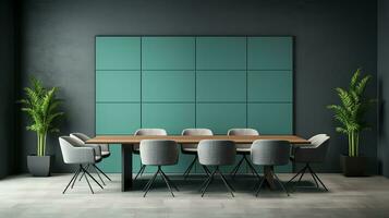 Modern meeting room with empty grey tosca wall, empty space office background mockup. Generative AI photo