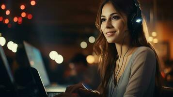 call center women smiled working and providing service with courtesy and attention front of laptop in office. Generative AI photo