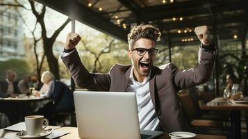 Successful entrepreneur celebrating with fist pump in front of laptop. Generative AI photo