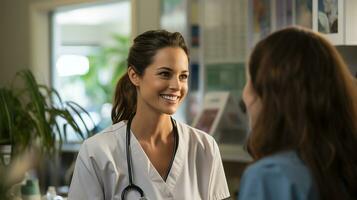 hembra médico con portapapeles hablando a sonriente mujer paciente que se discute alguna cosa a hospital. medicina y cuidado de la salud conceptos. generativo ai foto