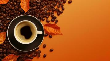 High angle cup of cappuccino with latte art on brown background. Beautiful wheat pulled into the foam, greenery ceramic cup, lots of coffee beans and leaf beside the glass. Generative AI photo