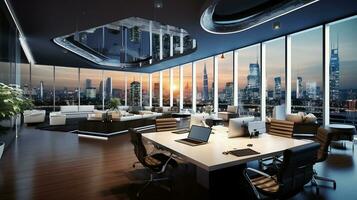 Modern office interior with panoramic windows and beautiful lighting. Generative AI photo