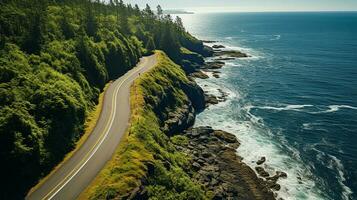 Top down aerial view of winding forest road in green mountain spruce woods. Generative AI photo