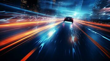 Car motion trails. Speed light streaks background with blurred fast moving light effect, Racing cars dynamic flash effects city road with long exposure night lights. Generative AI photo