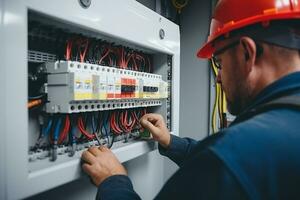 Electrician engineer tests electrical installations and wires on relay protection system. Adjustment of scheme of automation and control of electrical equipment. Generative AI photo