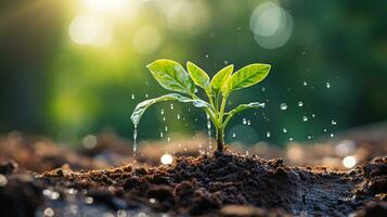 close up macro view water dripping on the small plant in fertile soil, environmental sustainability, nurturing growth, eco-awareness concept. Generative AI photo