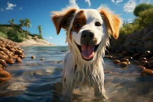 3D render of dog exploring the beach AI Generative photo