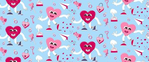 modelo con linda corazón personaje, matrimonio propuesta concepto en retro dibujos animados estilo. vector antecedentes para San Valentín día.