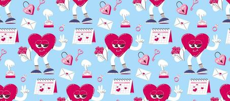 Pattern with a cute heart character with a bouquet of flowers, a heart-shaped castle and other elements in a retro cartoon style. Vector background for Valentine's Day.