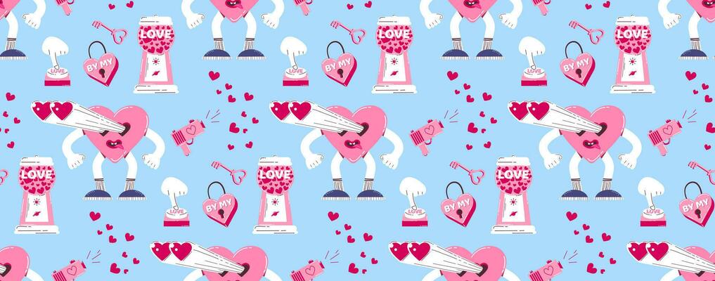 Pattern with a cute, loving heart character, a candy machine, a heart-shaped castle and other elements in a retro cartoon style. Vector background for Valentine's Day.