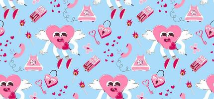 Pattern with cute heart characters, old phone, heart-shaped lock and key in retro cartoon style. Vector background for Valentine's Day.