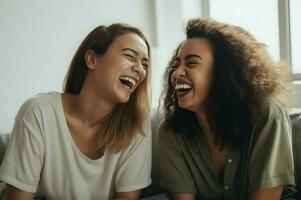 muchachas amigos reír. generar ai foto