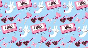 Pattern with pink cassette tape, heart-shaped glasses, pink patch, diamond ring and other elements in retro cartoon style. Vector background for Valentine's Day.