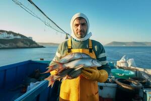 Fisherman holding fresh fish. Generate ai photo