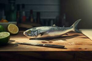 Fresh mackerel on wooden board. Generate ai photo