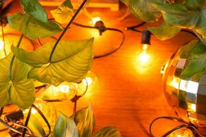 de madera antecedentes con guirnalda lamparas y verde hojas de un hogar en conserva planta y un brillante pelota. marco con un Navidad planta foto