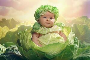 Newborn kid in cabbage leaves. Generate Ai photo