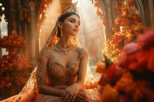 Bride posing fairy tale. Generate Ai photo