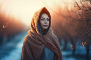 Beautiful woman winter portrait. Generate Ai photo