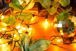 Wooden background with garland lamps and green leaves of a home potted plant and a glowing ball. Frame with a Christmas plant photo