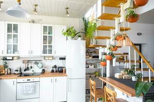 el general plan de un ligero blanco moderno rústico cocina con un modular metal escalera decorado con en conserva plantas. interior de un casa con plantas de casa foto