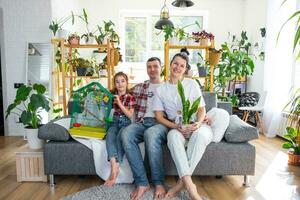 tradicional familia con un niño y un loro mascota en un jaula son disfrutando un nuevo hogar, sentado en el sofá y participación el techo. hipoteca, seguro, comprando y Moviente dentro tu propio hogar foto