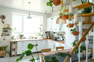 The general plan of a light white modern rustic kitchen with a modular metal staircase decorated with potted plants. Interior of a house with homeplants photo