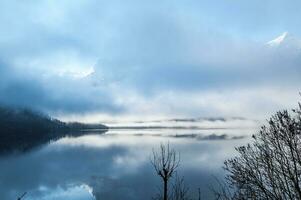 Morning on the mountain lake covered with fog photo