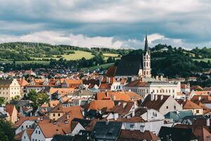 Aerial shot of an ancient cathedral in the middle of a small medieval city with old buildings with red roofs photo