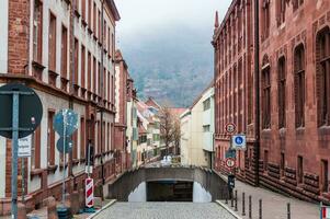 Heidelberg, Germany - Dec 26, 2018 - Parking entrance on the old narrow street photo