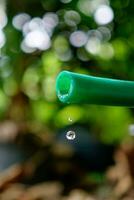 Water dropping from green rubber hose photo