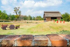 Brick top on barn and field photo