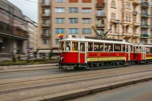 Prague, Czech Republic, - 17 Feb 2018 - Old tram in Prague fully packed with people photo