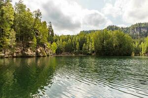 Forest lake between the mountains photo