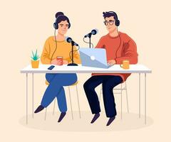 podcast mujer y hombres sentado a el mesa vector