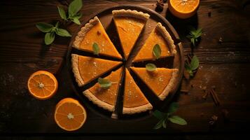 Generative AI, Homemade american traditional pumpkin pie, top view photo
