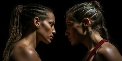 fotorrealista imagen de dos hembra boxeadores cara a rostro. luchar, duelo, kickboxing ai generado foto