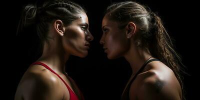 fotorrealista imagen de dos hembra boxeadores cara a rostro. luchar, duelo, kickboxing ai generado foto