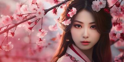 photorealistic image of a beautiful Japanese girl among cherry blossoms. cosmetics advertising. AI generated photo