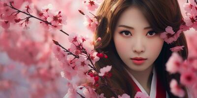 photorealistic image of a beautiful Japanese girl among cherry blossoms. cosmetics advertising. AI generated photo