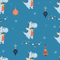 Seamless pattern with Cute dragon on blue background with Christmas ball toy and garlands. Vector illustration for new year design, wallpaper, packaging, textile. kids collection.