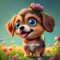 3D cute cartoon character of a fluffy, adventurous puppy for a web-based pet adoption platform photo