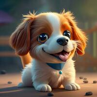 3D cute cartoon character of a fluffy, adventurous puppy for a web-based pet adoption platform photo